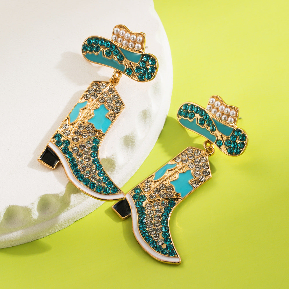 Wholesale Western Style Drip Oil Diamond-encrusted Denim Boots Exaggerated Temperament Colored Diamond Denim Hat Personalized Earrings